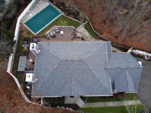 Aerial view of home in North Stamford, CT with GAF asphalt shingles