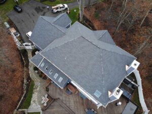 Aerial view of home in North Stamford, CT with new asphalt shingles