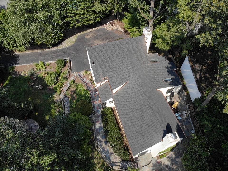 Aerial view of GAF asphalt shingles on home