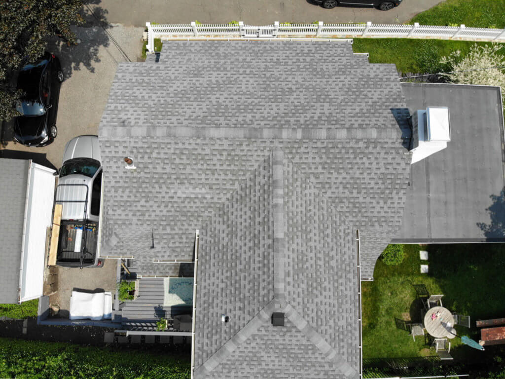 Aerial view of asphalt roof replacement