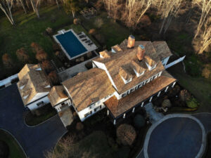 Aerial view of cedar roof replacement in Stamford