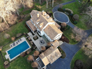 Aerial view of Tapersawn cedar roof replacement in Stamford
