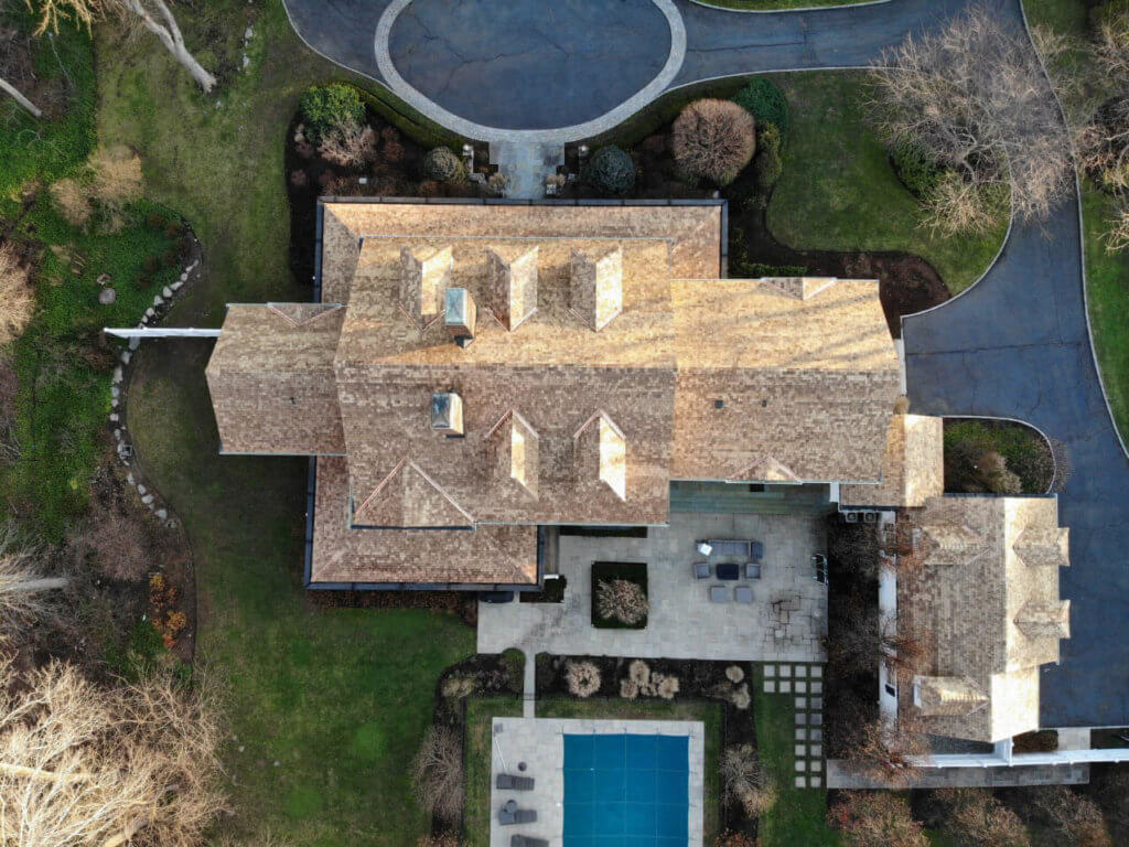 Aerial view of tapersawn cedar shingles on home