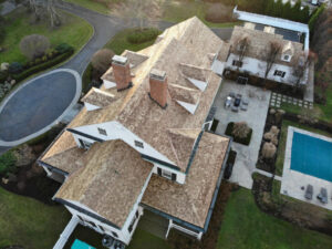 Overhead view of cedar roof replacement in Stamford