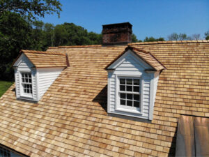 Aerial view of section of cedar roof on home in Pound Ridge, NY