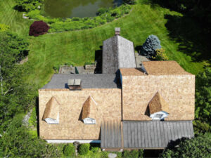 Aerial view of cedar roof on home in Pound Ridge, NY