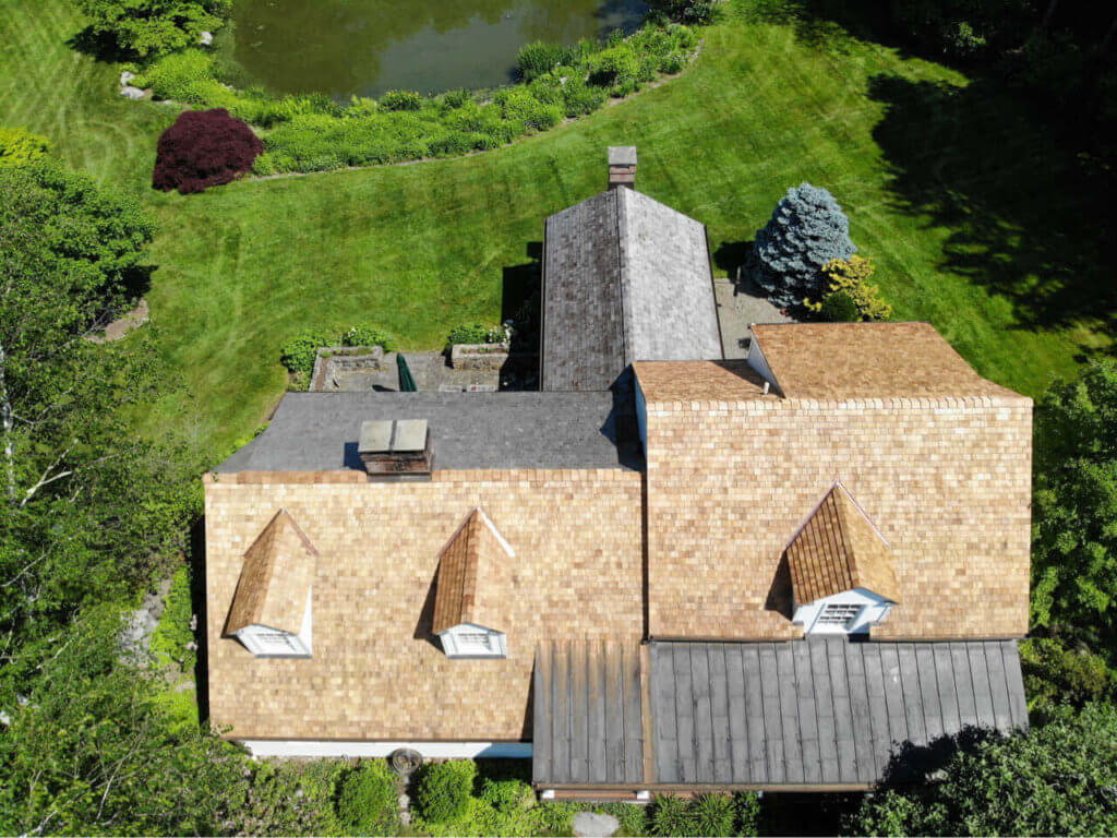 Aerial view of tapersawn cedar shingles on home