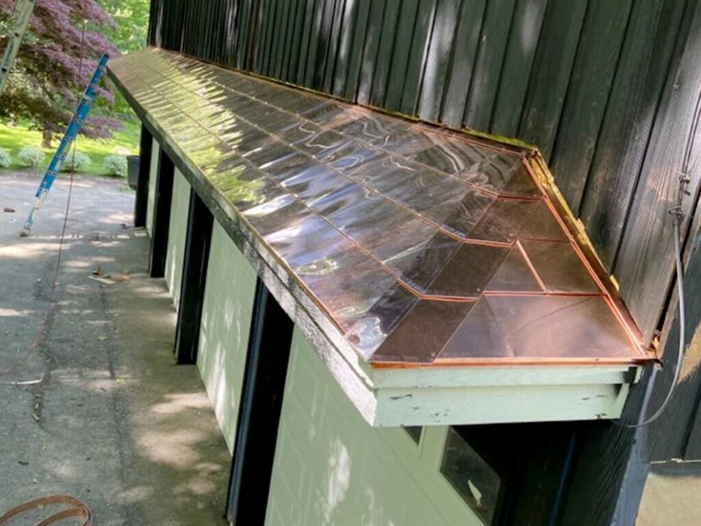 Closeup of copper roof in Bedford, NY