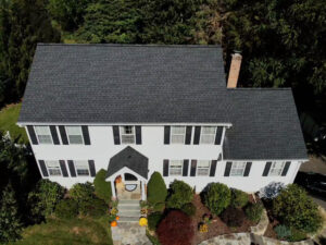 aerial view of white home with GAF asphalt shingles
