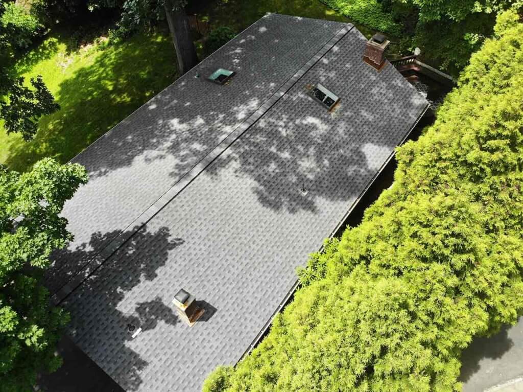 Aerial view of GAF asphalt shingles on roof