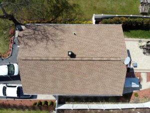 Overhead view of GAF asphalt shingles on white home in Yorktown Heights