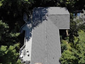 Overhead view of gray GAF asphalt shingle replacement on home in Putnam Valley 