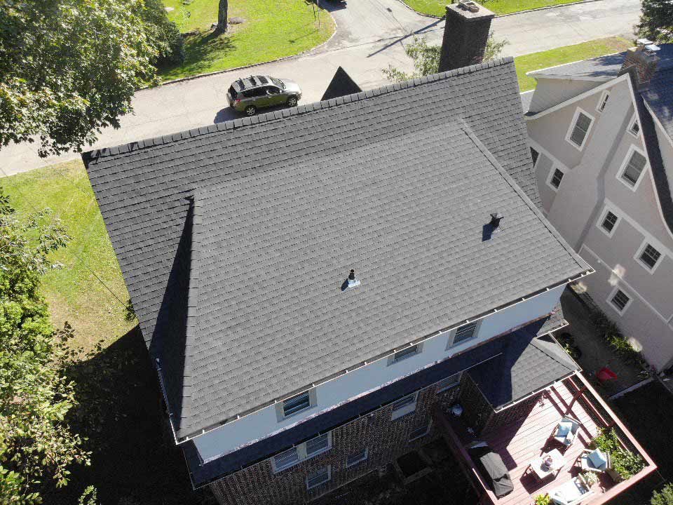 Overhead view of GAF asphalt shingles on home