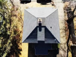 Overhead view of home with gray asphalt shingles