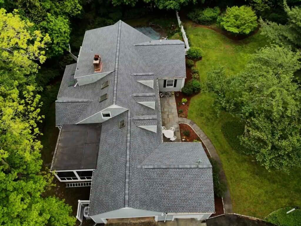 Aerial view of asphalt shingles on home