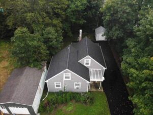 Overhead view of home with dark gray GAF asphalt shingles
