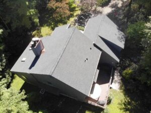 Aerial view of gray GAF shingles on home in Stamford