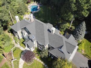 Aerial view of home with GAF asphalt shingle replacement