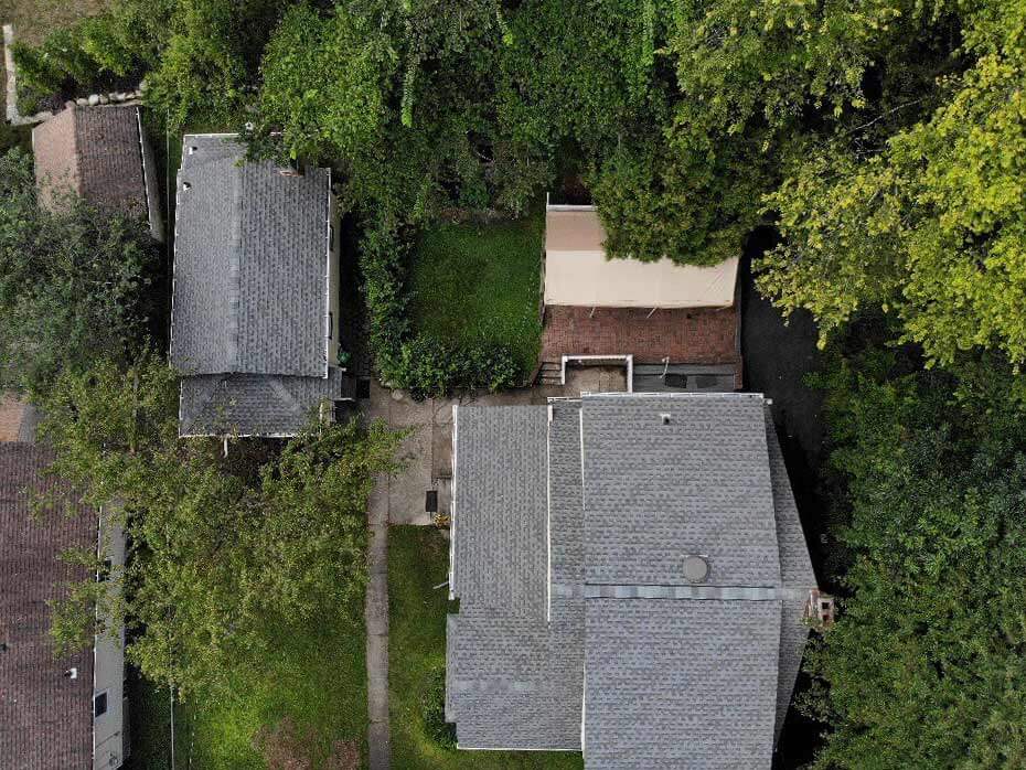 Aerial view of GAF asphalt roof on home