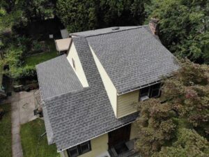 overhead view of home with gray asphalt shingles