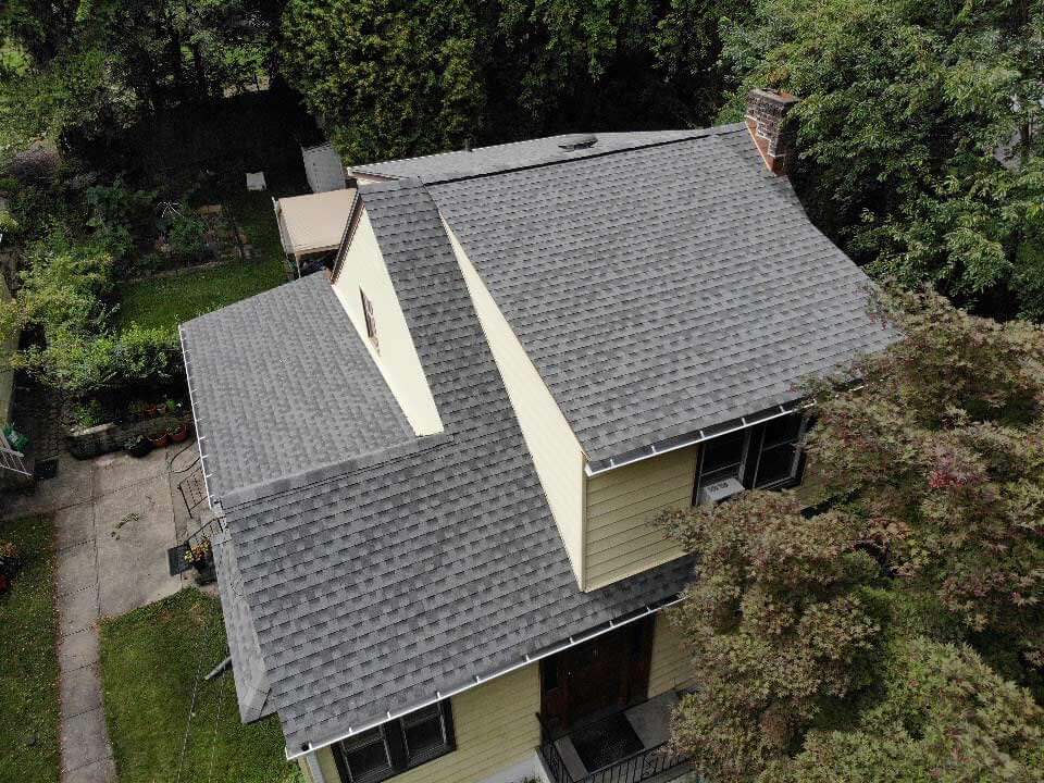Aerial view of GAF asphalt roof on home