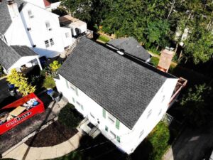 Overhead view of white home in White Plains, NY with new GAF Asphalt shingles