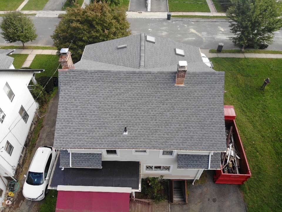 Overhead view of GAF asphalt shingles on home