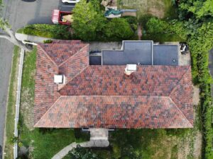 Aerial view of tile roof on home