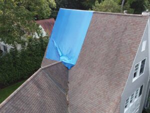 Blue tarp on roof