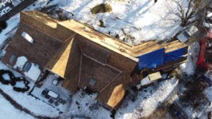 Aerial view of roof on a snowy day