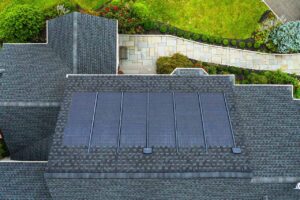 Overhead view of GAF Timberline solar shingles on roof