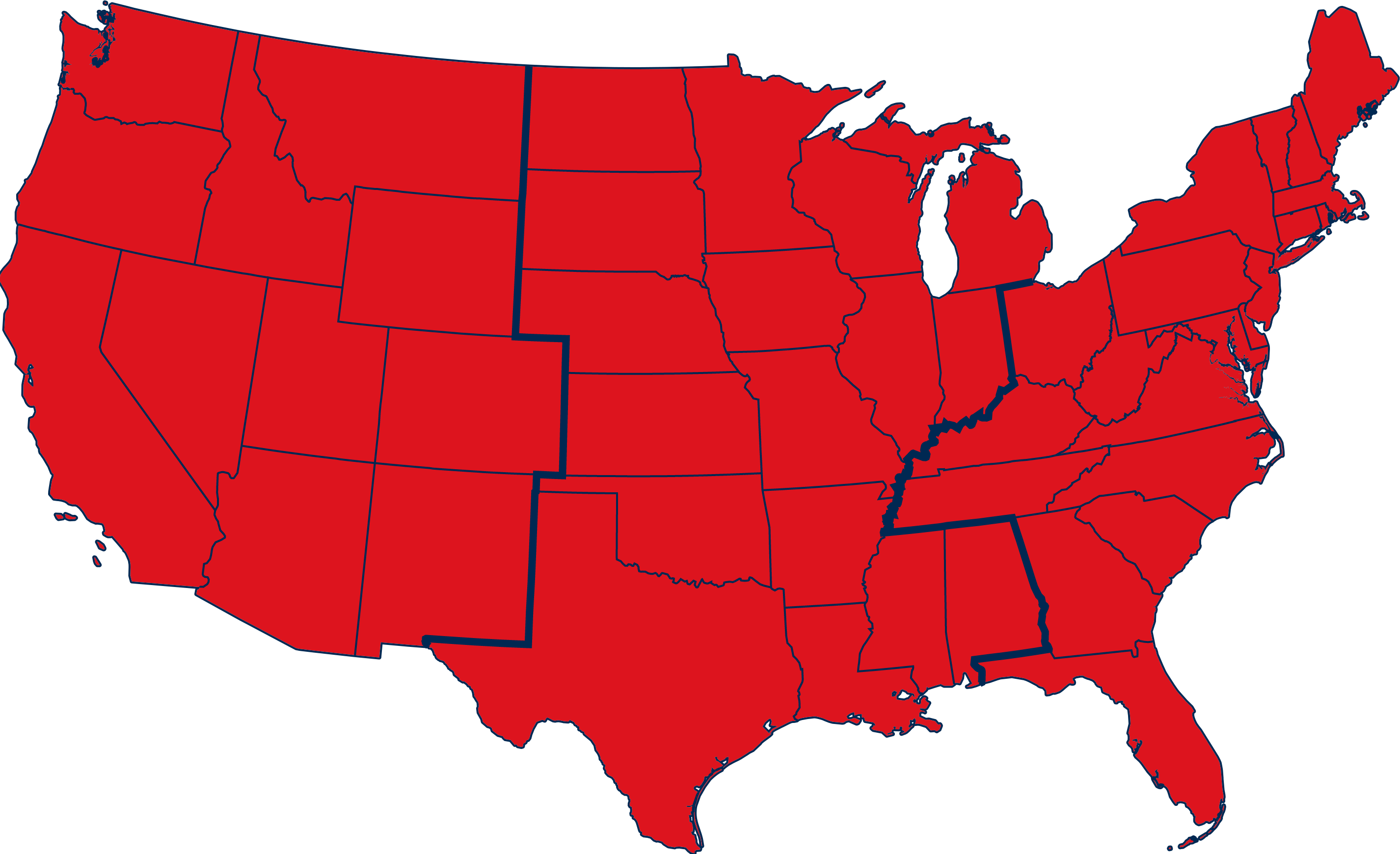 Service Map of USA - eastern, central and western regions