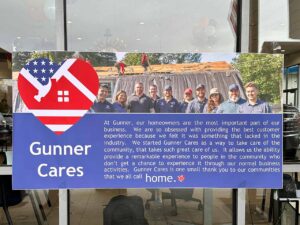 Gunner Cares banner on window